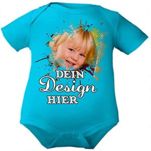 personalisierter blauer Baby Body mit individuellem Foto und Text