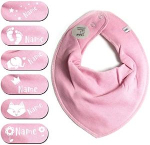 rosa Babyhalstuch mit verschiedenen Motiven und deinem Wunschnamen