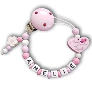 personalisierte Schnullerkette in weiß/rosa mit Herz