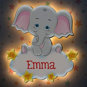 Schlummerlicht für Babys – Elefant auf einer Wolke mit Wunschname und Geburtsdaten