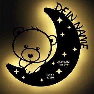 Nachtlicht "Bär im Mond" mit Wunschname und Geburtsdaten