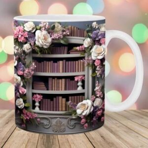 Motiv-Tasse für Buch-Liebhaberinnen – 3D Bücherregal mit Blumenranken