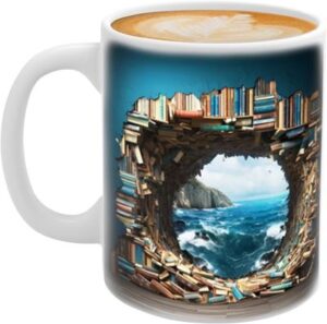 Motiv-Tasse für Bücher-Fans – Blick durch einen Bücherberg auf Felsen und das   
 Meer 
