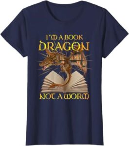 blaues T-Shirt mit Motiv „Bücherdrache“ und Aufdruck: I'm a book dragon not a worm