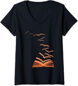 schwarzes T-Shirt mit Motiv: Die Seiten eines Buches fliegen davon und werden zu Vögeln