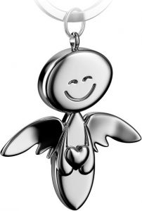 Schlüsselanhänger aus silberfarbenem Metall: lächelndes Engelchen mit einem Herz in den Händen – wunderschöne Geschenkidee zum Jahresbeginn
