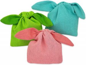 Jutesäckchen mit Ohren in pink, grün und blau - witzige Verpackung für Ostergeschenke