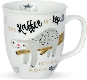 Tasse mit Faultier-Motiv und Text „Der Kaffee ist kaputt, ich bin noch müde.“