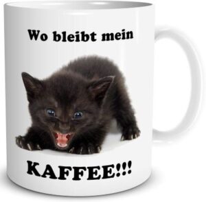Tasse mit Motiv „fauchende Katze“ und Text „Wo bleibt mein Kaffee!!!“