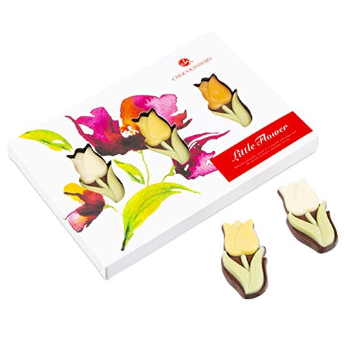 Schachtel mit drei niedlichen Schokoladen-Tulpen aus Vollmilchschokolade