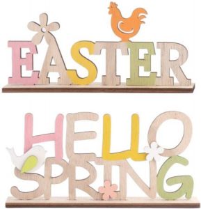 2 Holzaufsteller : Hello Spring + Easter naturfarben mit farbigen Akzenten