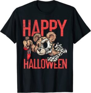 schwarzes T-Shirt mit Aufdruck: Happy Halloween und Gruselteddy mit Messer