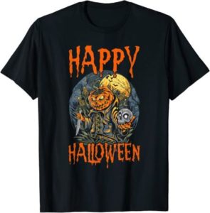 schwarzes T-Shirt mit Aufdruck "Happy Halloween und Kürbisgeist-Motiv
