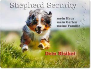Blechschild - Shepherd Security mein Haus, mein Garten, meine Familie. Dein Risiko! - witziges Geschenk für Hundefans
