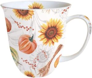 Tasse mit Herbstmotiv – Sonnenblumen, Ähren, Kürbisse ...