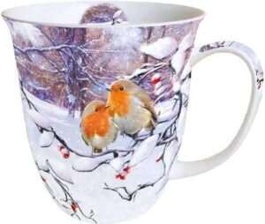 Tasse mit wunderhübschem Rotkehlchen im Winter-Motiv – tolles Mitbringsel in der Adventszeit