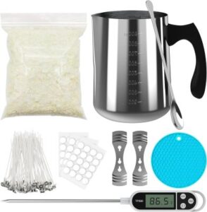 Set zum Kerzen selber machen: Schmelztopf mit Unterlage, Thermometer, Löffel, Sojawachs, Kerzendochte, Klebepads und Kerzendochthalter