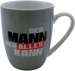graue Tasse mit Aufdruck: Der Mann der alles kann