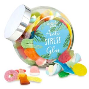 Anti Stress Glas – großes Schräghalsglas mit Fruchtgummi und Marshmallow