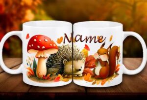 personalisierbare Herbst-Tasse mit niedlichem Eichhörnchen/Igel Motiv