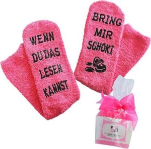 pinkfarbene Kuschelsocken mit Sohlenprint: Wenn du das lesen kannst bring mir Schoki