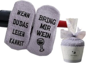 graue Kuschelsocken mit Sohlenaufdruck: Wenn du das lesen kannst bring mir Wein