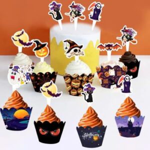 Cupcake Wrapper Set mit 24 bunten Halloween Wrappers und 24 lustigen Halloween-Steckern für deine Muffins