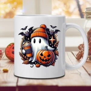 weiße Halloween Tasse mit Motiv: niedliches kleines Gespenst mit Orangefarbener Mütze, Kürbis und Becher