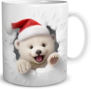 3D Tasse mit Motiv: Eisbär Baby mit Weihnachtsmütze bricht durch Becher 