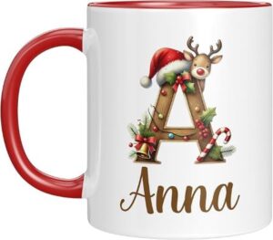 Tasse mit Anfangsbuchstabe in Weihnachtsoptik und Wunschname