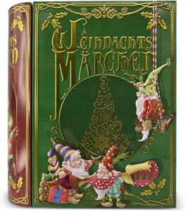 Blechdose in Buchform mit 3D Effekt "Weihnachtsmärchen" – grünes "Buch" mit Wichtelmotiven 