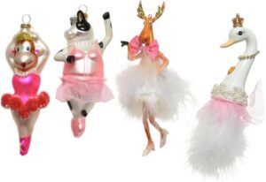 Christbaumschmuck: tierische Ballerinas, Affe, Kuh, Elch, Schwan