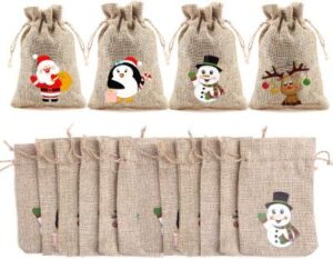 12 Geschenksäckchen aus Jute mit 4 verschiedenen aufgedruckten Motiven: Schneemann, Pinguin, Elch, Weihnachtsmann