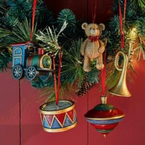 nostalgischer Christbaumschmuck: Lokomotive, Bärchen, Trommel, Kreisel und Trompete