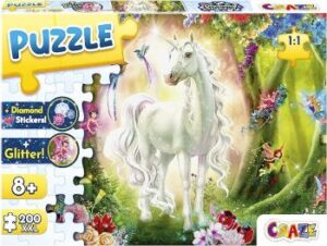 Puzzle mit 200 Teilen für Kinder ab 8 Jahren: Magic Forest Einhorn und Feen mit Glitzerdruck und Diamanten-Aufkleber 