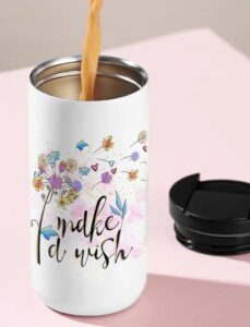 Thermobecher to go mit buntem Pusteblumen-Motiv und Aufdruck: make a wish 