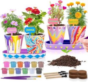 Pflanz-Kit für Kinder: 4 Keramiktöpfe, 2 Keramiktabletts mit Farben und Pinseln zum selbst bemalen und Ringelblumen-, Kosmos-, Zinnien- und Portulakblüten-Samen, Quelltabs, Pflanzetiketten, Wasserflasche und Schaufeln