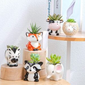 6 kleine Keramik-Blumentöpfe in Tierformen: Panda, Fuchs, Elefant, Kuh, Schaf und Zebra