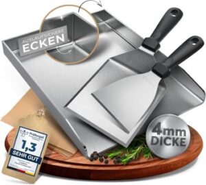 Set mit Plancha Grillplatte, zwei Grillspachtel & Burgerpapier