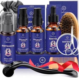 Bartpflege-Set mit Bartshampoo, Bartöl, Bartbalsam, Bartroller, 2 x Bartwuchs Serum, Bartschere, Bartbürste, Reisetasche – tolles Wichtelgeschenk für bärtige Männer