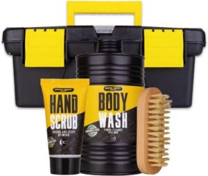 schwarz/gelbe Werkzeugkiste mit 400ml Duschbad, 50ml Peeling für schmutzige Hände und eine Holz-Nagelbürste – witziges Wichtelgeschenk für Freunde und Kollegen