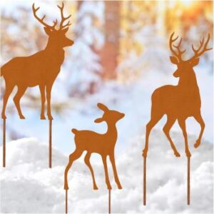 drei Gartenstecker in Rostoptik, Motiv: Hirschfamilie – hübsche Wichtelgeschenk-Idee