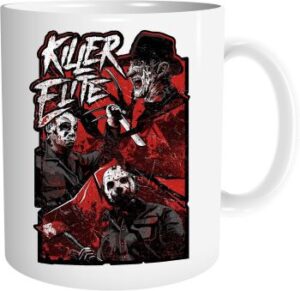 weiße Keramiktasse  mit Motiv: Nightmare Freddy Clown Friends "Killer Elite" – Geschenkidee zu Halloween