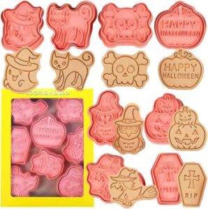 8er Set 3D Halloween-Ausstecher: 2 Kürbismotive, Gespenst, Katze, Hexe, Eule, Totenkopf und Grabstein