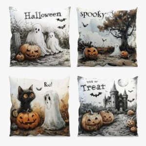 4er Set Kissenhüllen mit Halloween-Motiven