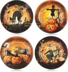 vier verschiedene Deko-Teller mit Halloween-Motiven