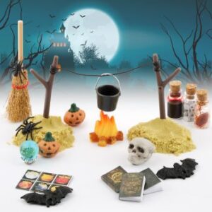 Halloween Tischdeko-Set: 22 Halloween-Mini-Deko in verschiedenen Formen, darunter Kürbisse, Besen, Fledermäuse, Spinnen, Skelette, magische Kristallkugeln und mehr