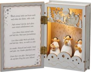 LED-Weihnachtsbuch aus Holz mit Gedicht auf der einen Seite: "Bleib einmal stehn und haste nicht und schau das kleine. stille Licht ..." und drei beleuchtete Engel auf der rechten Seite – wunderschönes Wichtelgeschenk für Frauen