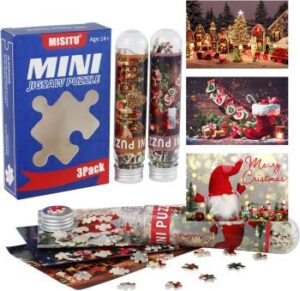 Mini-Weihnachtspuzzle Set mit drei verschiedenen Motiven in drei Reagenzgläsern – lustiges Wichtelgeschenk für Puzzle-Fans
