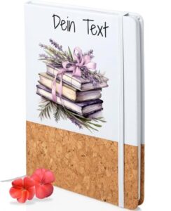 Notizbuch mit Wunschtext, Motiv Bücherstapel und Lavendel